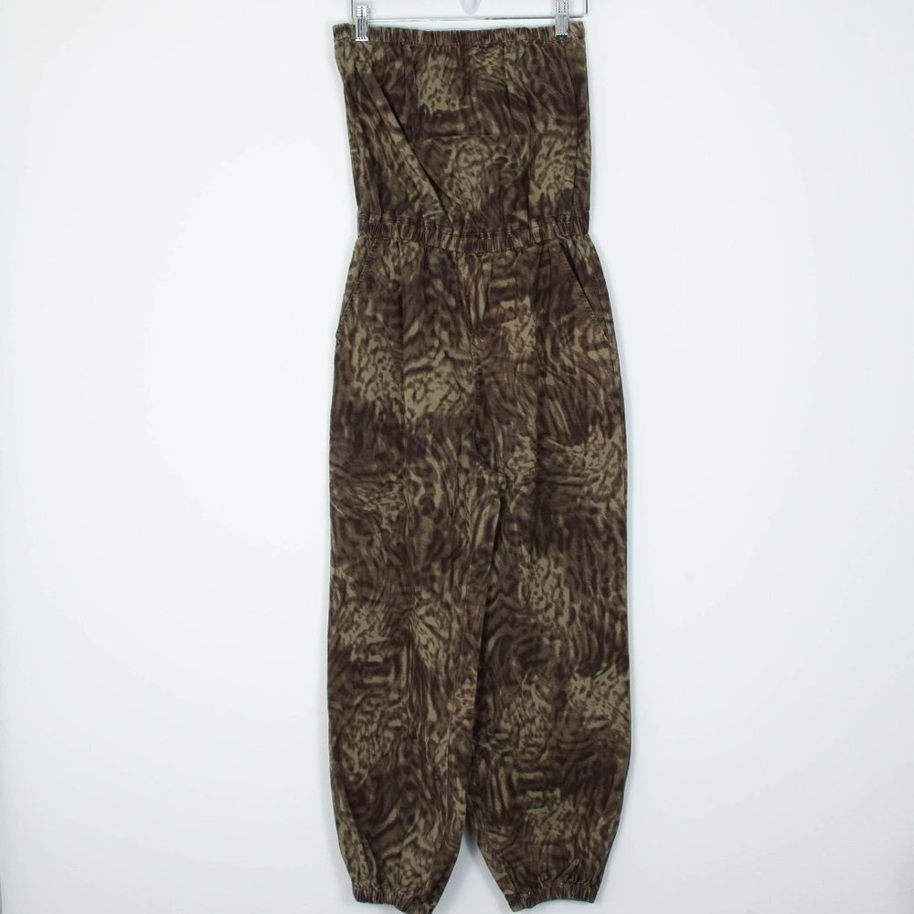 Good American Olive and Dark Brown Printed Strapless Jumpsuit